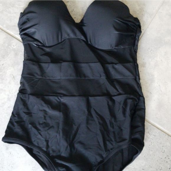 Solid Black Mesh Plus Size Swimwear Women One Piec - Picture 4 of 5